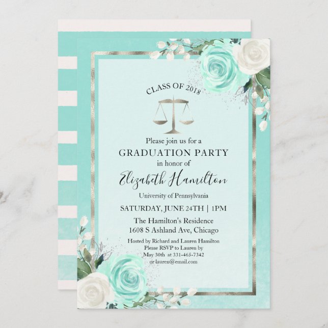 Law School Graduation Party Teal Floral Invitation (Front/Back)