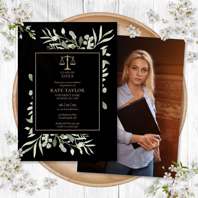 Law School Graduation Photo Black And Gold Foliage Invitation (Law School Graduation Photo Black And Gold Foliage Invitation)