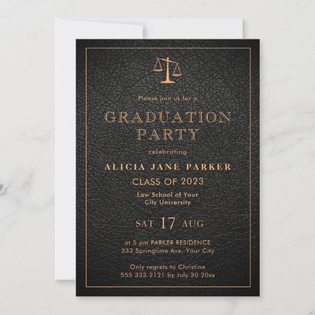 Law school graduation photo black gold elegant invitation (Front)