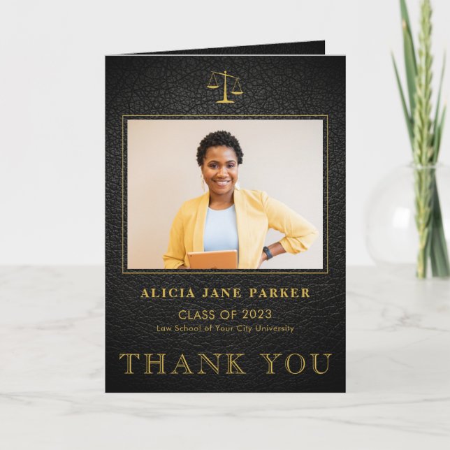 Law school graduation photo elegant black gold thank you card (Front)