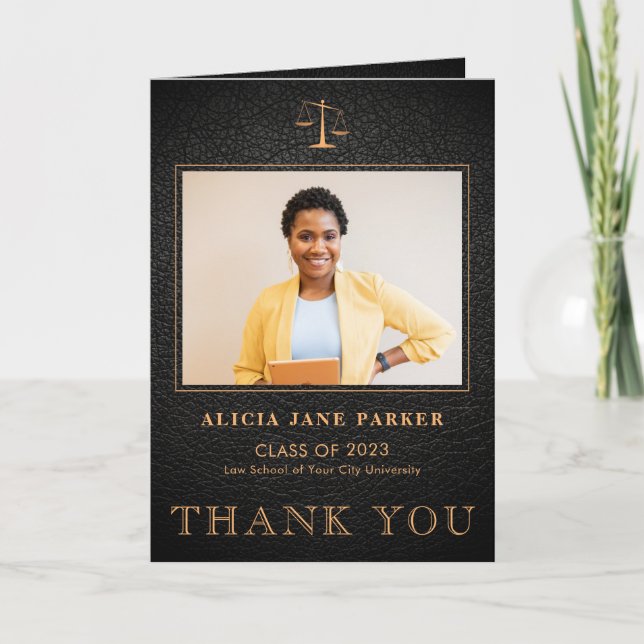 Law school graduation photo elegant black gold thank you card (Front)