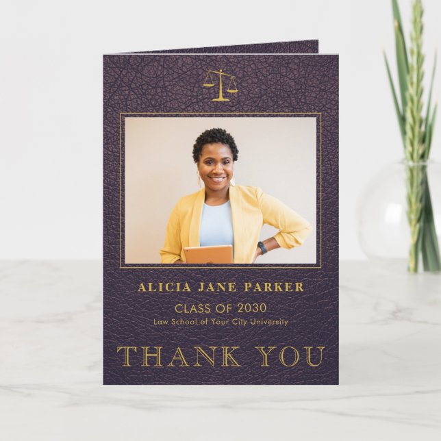 Law school graduation photo elegant purple gold thank you card (Front)