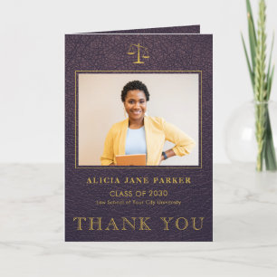Law school graduation photo elegant purple gold thank you card