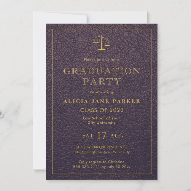 Law school graduation photo purple gold elegant invitation (Front)