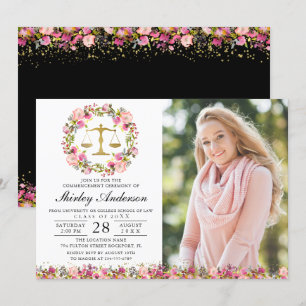 Law School Graduation Pink Gold Floral Grad Photo Invitation