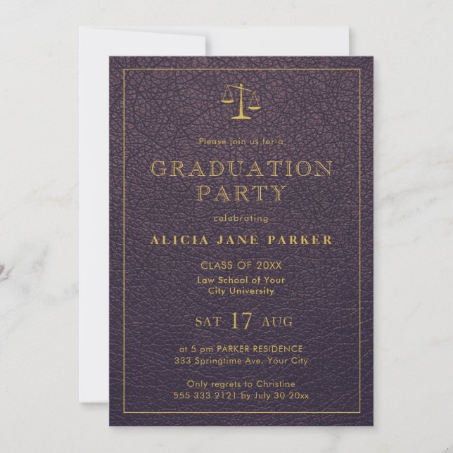 Law school graduation purple gold photo elegant invitation (Front)