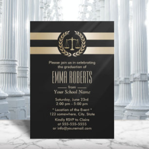 Law School Lawyer Graduation Modern Black & Gold Invitation