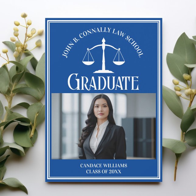 Law School Photo Custom Blue White Graduation Announcement (Creator Uploaded)
