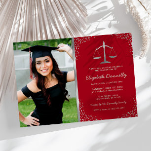 Law School Photo Red Silver Graduation Party Invitation