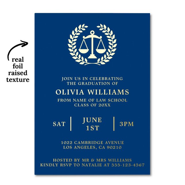 Law School Scales Of Justice Navy Gold Grad Party (Law school graduation party invitation with real gold foil raised texture)