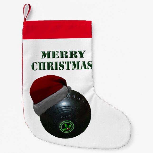 Lawn Bowl Wearing A Santa Hat, Small Christmas Stocking (Front)
