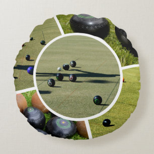 Lawn Bowls Five Picture Collage, Round Cushion
