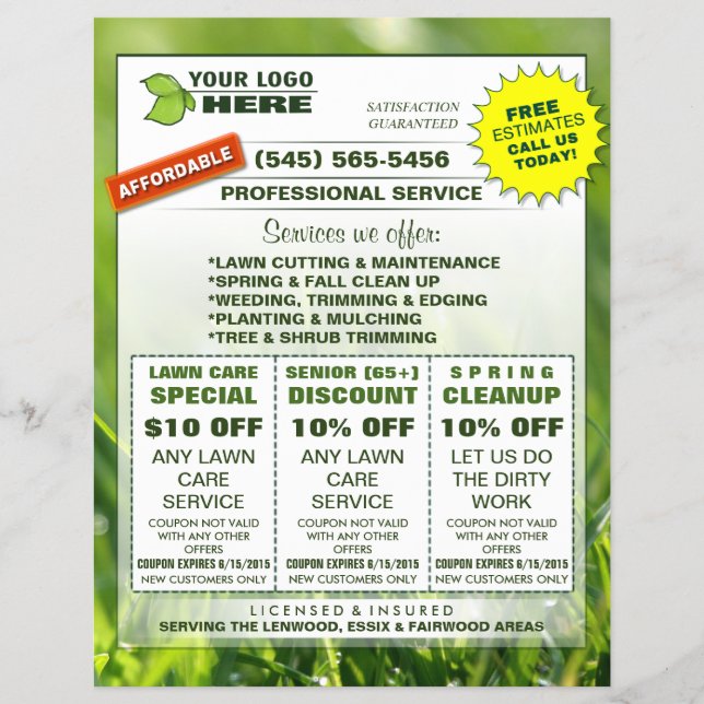 Lawn Care 8.5 x 11 Flyer ADD LOGO Custom Coupons (Front)