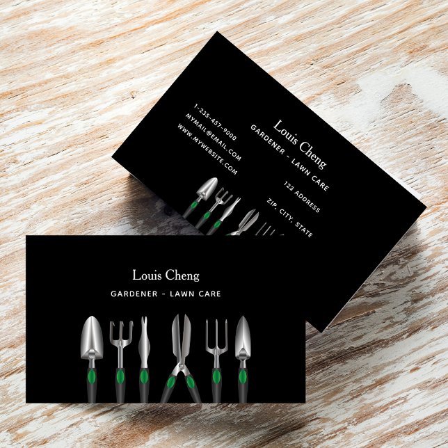 Lawn care gardening black garden tools business card (Creator Uploaded)