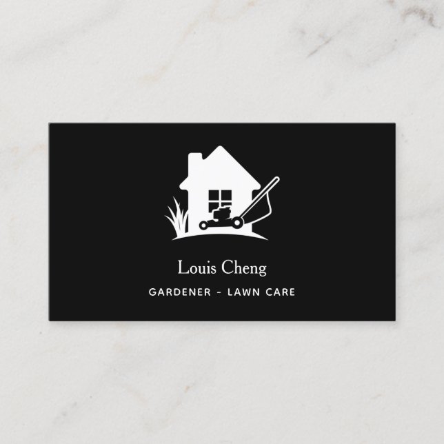 Lawn care gardening black white mower business card (Front)