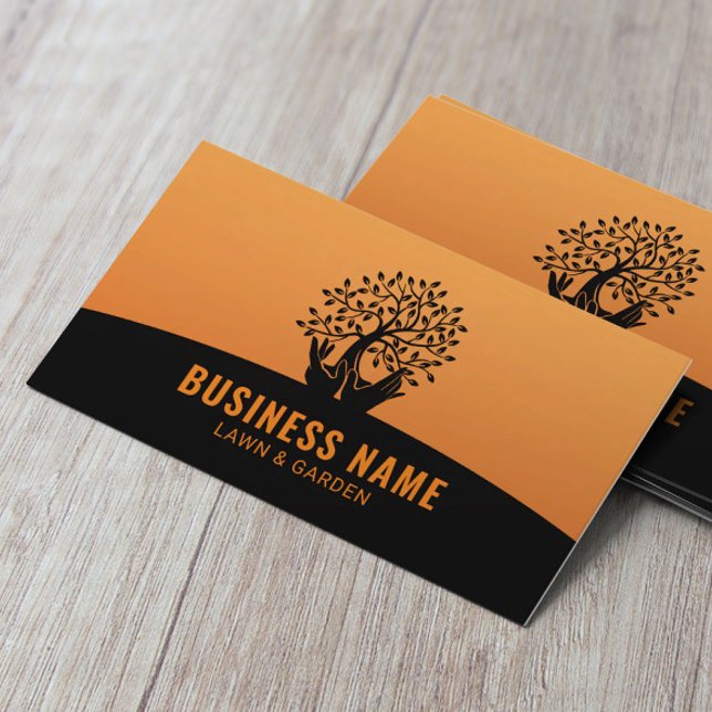 Lawn Care Hands Holding Tree Orange Landscaping Business Card (Creator Uploaded)