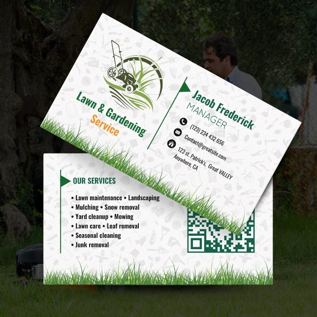 Lawn Care & Landscaping Business Card – Green & Wh (Lawn Care & Landscaping Business Card – Green & White with QR CODE )