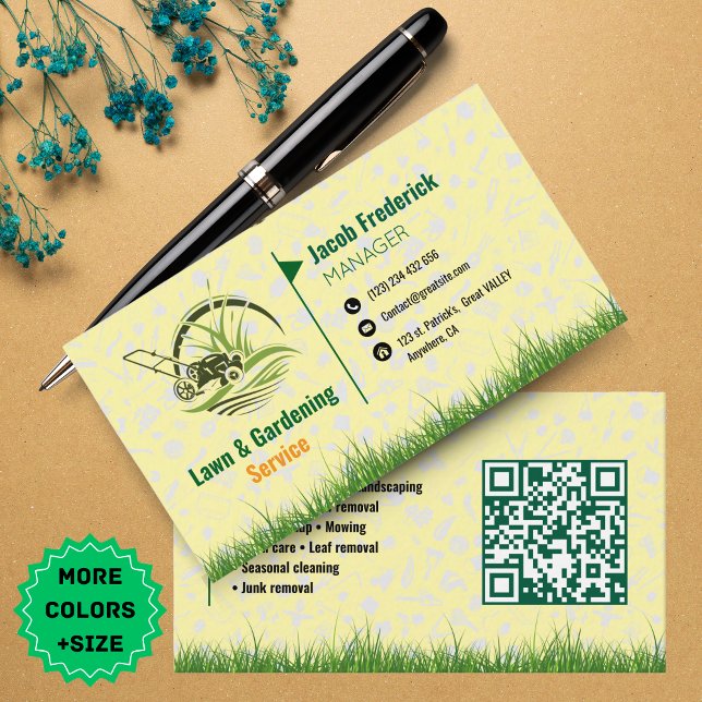 Lawn Care & Landscaping Business Card – Green & Wh (Lawn Care & Landscaping Business Card – Green & Yellow template with QR Code )