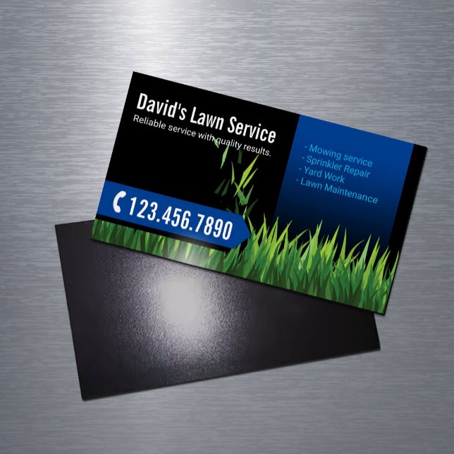 Lawn Care Landscaping Mowing Black & Blue Magnetic Business Card (Creator Uploaded)