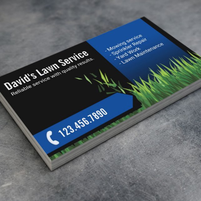 Lawn Care Landscaping Mowing Black & Navy Business Card (Creator Uploaded)