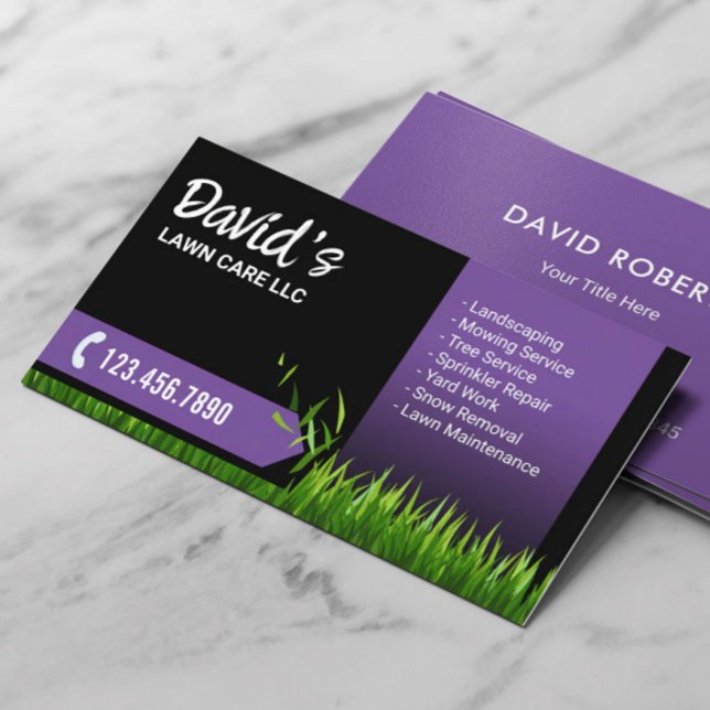 Lawn Care Landscaping Mowing Black & Purple Business Card (Creator Uploaded)