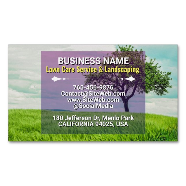 Lawn Care & Landscaping, Mowing Grass Tree Service Magnetic Business Card (Front)