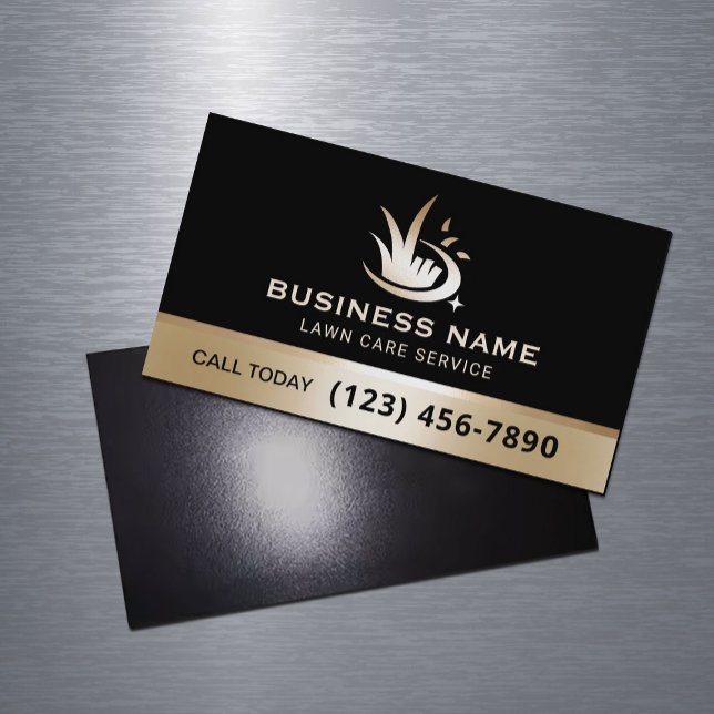 Lawn Care Logo Modern Black & Gold Landscaping Magnetic Business Card (Creator Uploaded)