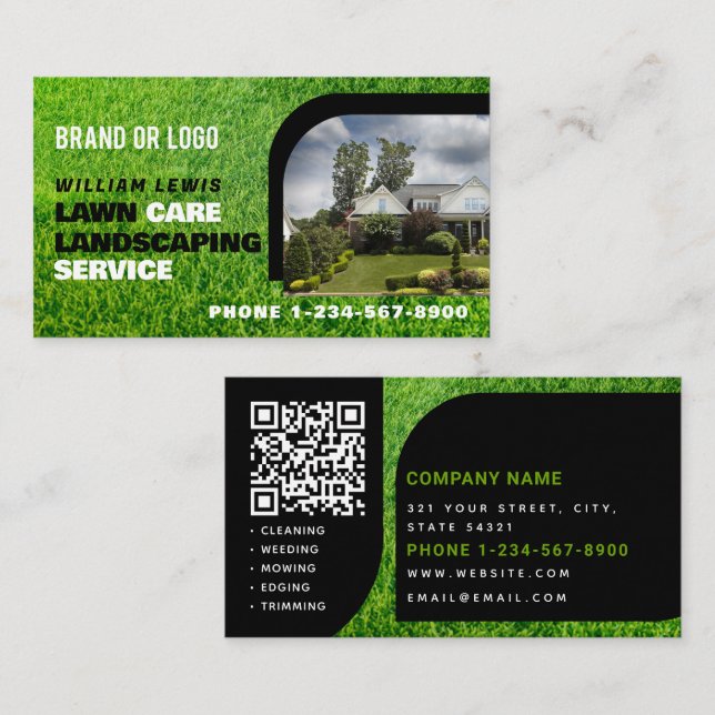 Lawn Care Photo Landscaping Mowing QR Code Business Card (Front/Back)