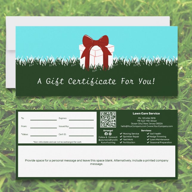 Lawn Care Service Personal Note Gift Certificate (Lawn Care Service Personal Note Gift Certificate, Green & White)