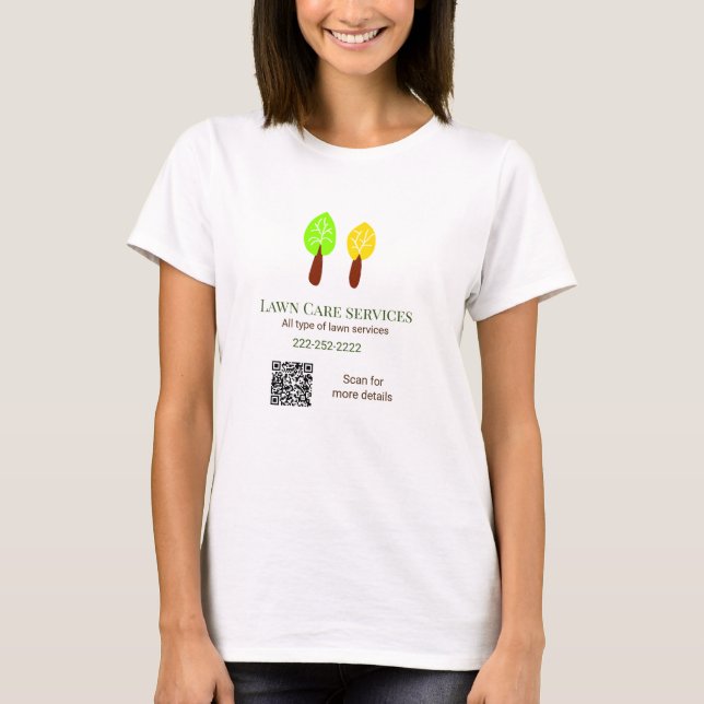 Lawn care services add name q r code website email T-Shirt (Front)