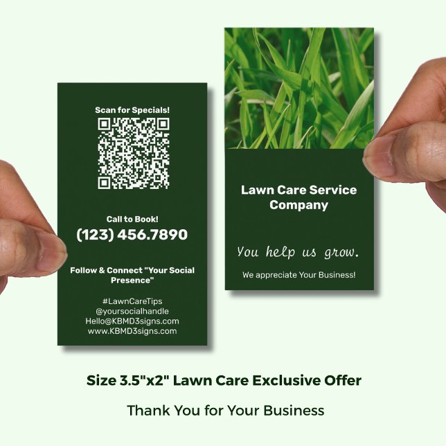 Lawn Care You Help Us Grow Thank You Business Card (Lawn Care You Help Us Grow Thank You Business Card Exclusive QR code Offer; Size 3.5x2 (US) Portrait)