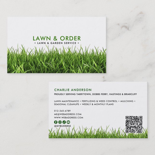 Lawn/Garden Service Green Grass QR Code & Socials Business Card (Front/Back)