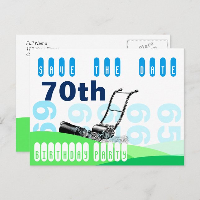 Lawn Mower 70th Birthday Party Save the Date Announcement Postcard (Front/Back)