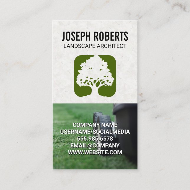 Lawn Mower Cutting Grass | Big Tree Business Card (Front)