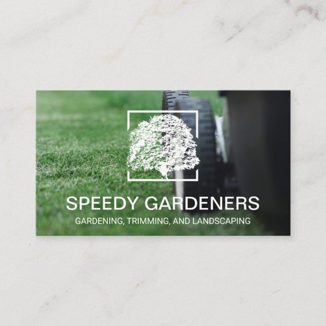 Lawn Mower Cutting Grass | Tree Logo Business Card (Front)