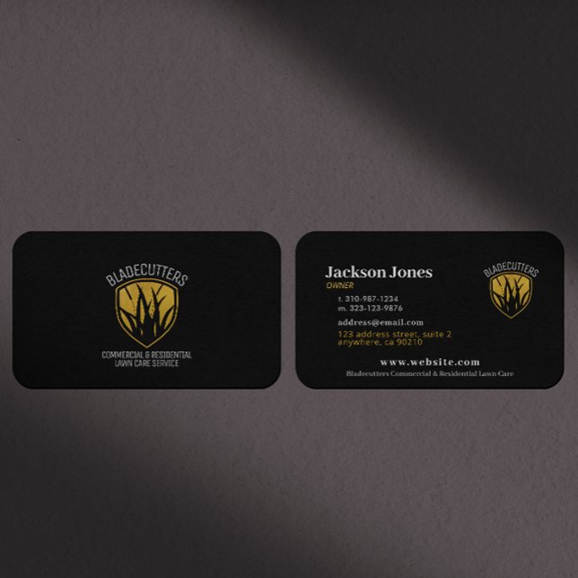 Lawn Mower Gold Grass Emblem Black Business Cards (Creator Uploaded)