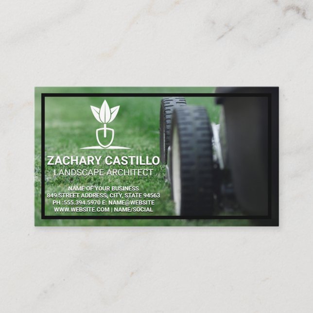 Lawn Mower | Grass | Gardening Logo Business Card (Front)
