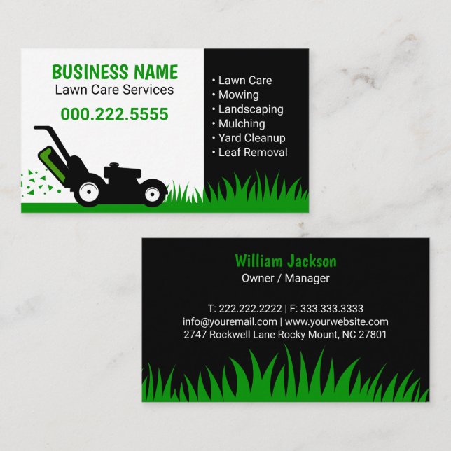 Lawn Mower Grass Professional Green Business Card (Front/Back)