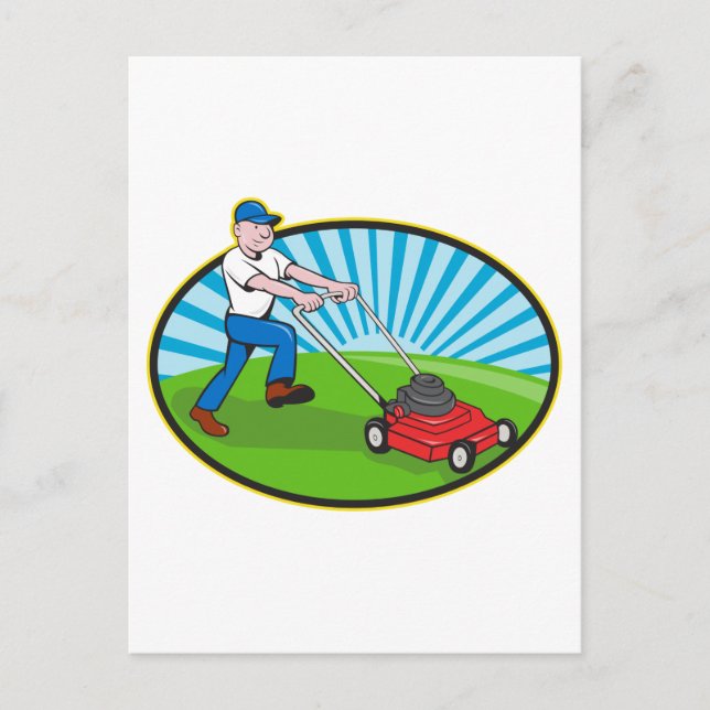 Lawn Mower Man Gardener Cartoon Postcard (Front)