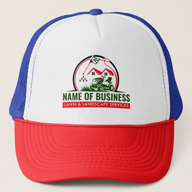 Lawn Mower Red Green Landscaping Services Trucker Hat (Front)