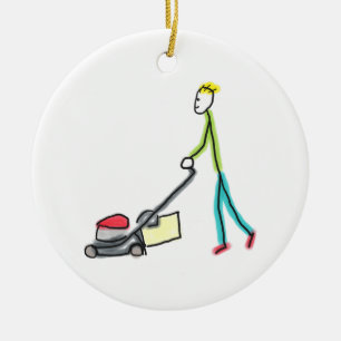 Lawn Mowing Stickman Ceramic Ornament