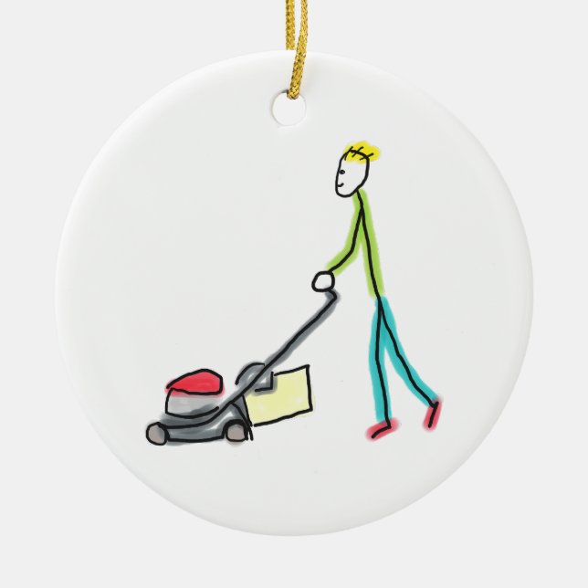 Lawn Mowing Stickman Ceramic Ornament (Front)