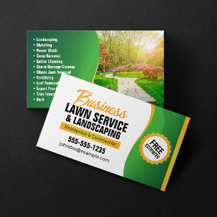 Lawncare & Landscaping Mowing Service Green Orange Business Card