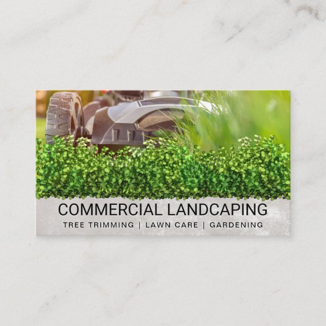 Lawnmower Cutting Grass | Landscape | Bushes Business Card (Front)