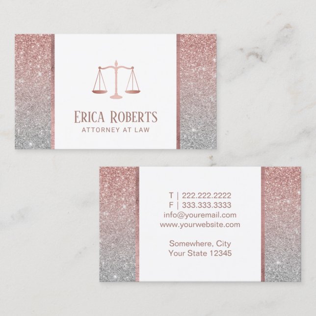 Lawyer Attorney Modern Rose Gold & Silver Glitter Business Card (Front/Back)