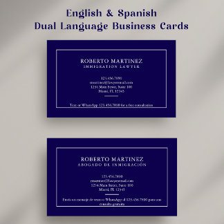 Lawyer Bilingual English Spanish Custom Navy Blue Business Card