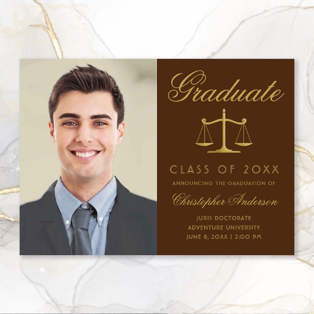 Lawyer Brown Gold Script Photo Graduation Announcement (Brown and Gold Scales of Justice Photo Graduation Announcement for Lawyers)