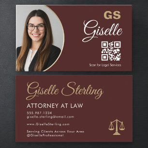 Lawyer Burgundy Gold Scales of Justice Photo Business Card