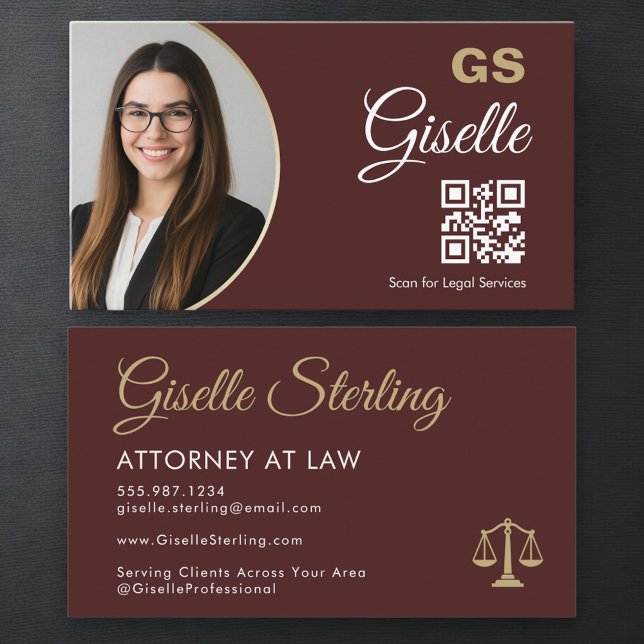 Lawyer Burgundy Gold Scales of Justice Photo Business Card (Creator Uploaded)