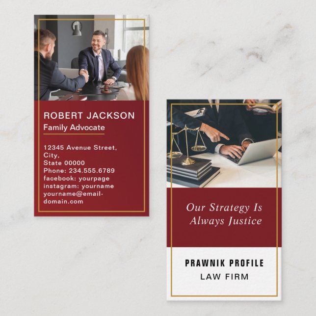 Lawyer Gold Justice Scale Attorney at Law Red  Business Card (Front/Back)